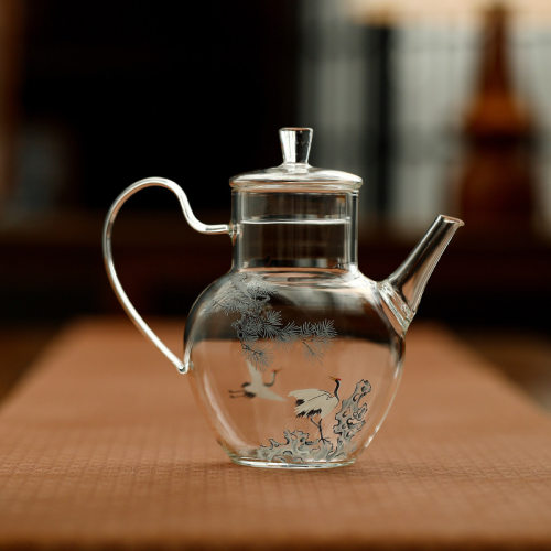 宜物宜心松鹤玻璃茶壶耐高温泡茶壶单壶家用带过滤侧把壶执壶功夫