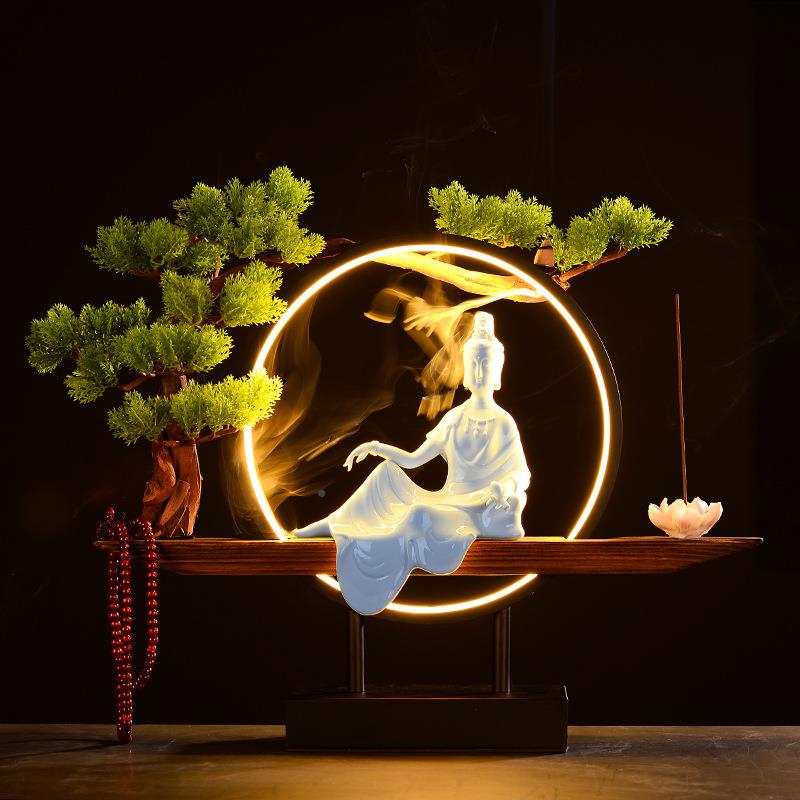 新紫中式禅意夜灯陶瓷摆厅姜太公钓鱼砂创件意倒流香家居EHT客装