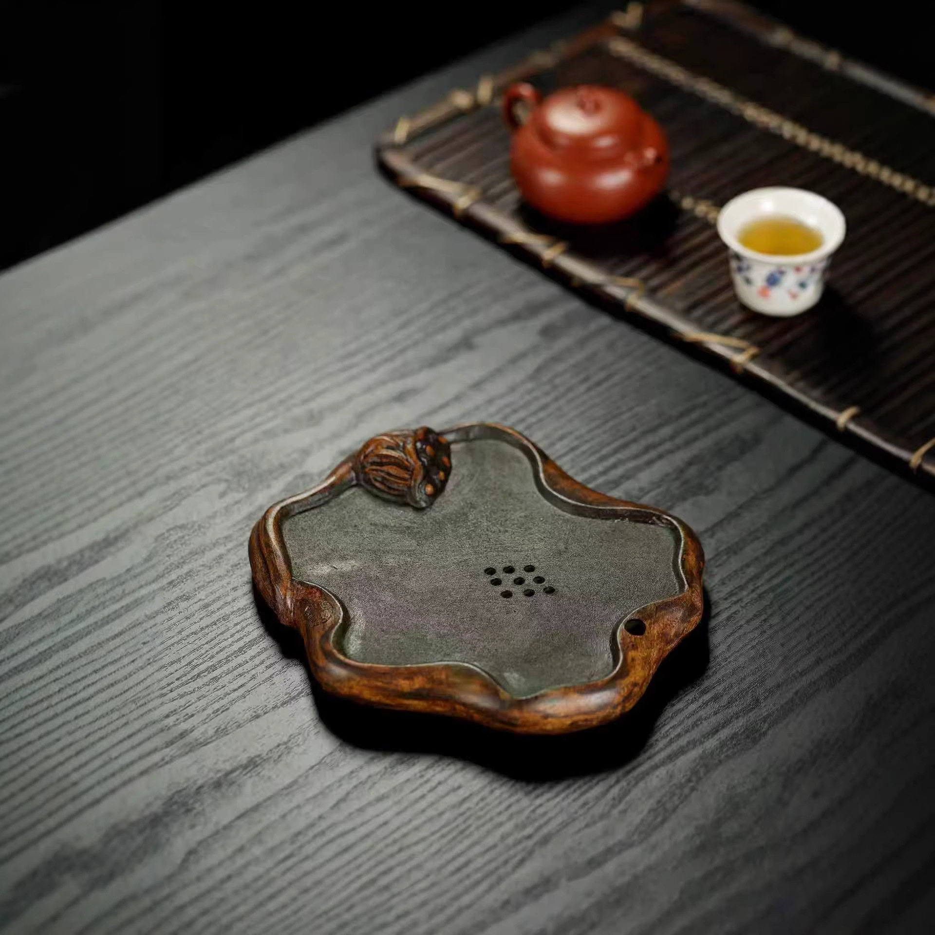 宜兴紫砂壶承创意莲蓬荷叶双层储水小茶盘干泡台养壶垫壶托茶具配
