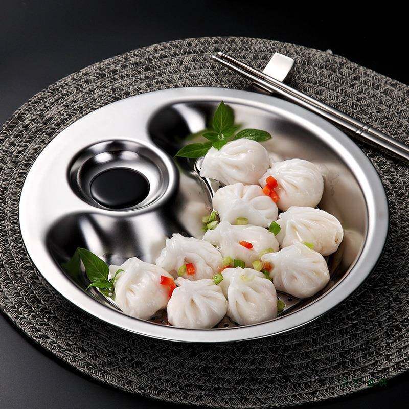 不锈钢饺LHO子盘沥家用两双格餐盘托盘水盘带醋碟点心盘蒸菜圆盘