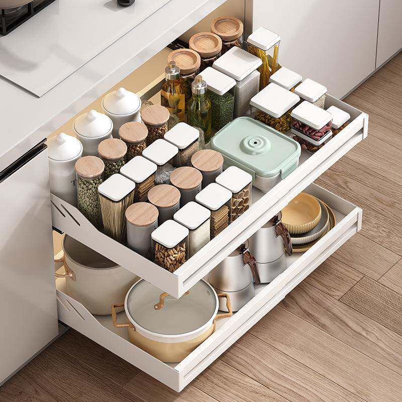 橱柜内可伸缩抽屉置物架厨房炊具收纳拉篮调料下水槽抽拉式储物盒