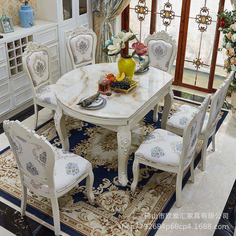 欧式餐桌椅组合现代简约小户型实木大理石饭桌伸缩折叠多功能圆桌