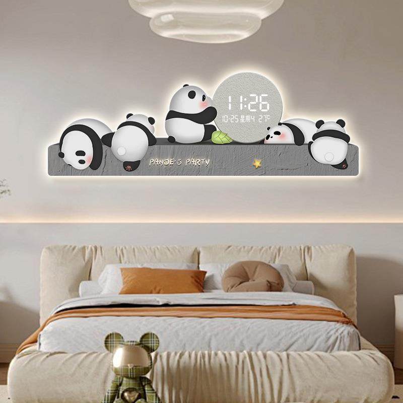 背景电子钟挂钟墙壁简约现代客厅装饰画时钟新款卧室沙发熊猫