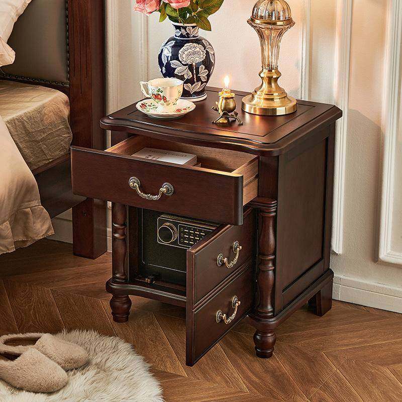 美式全实木床头柜带保险箱一体核桃木原木复古卧室储物床边柜802