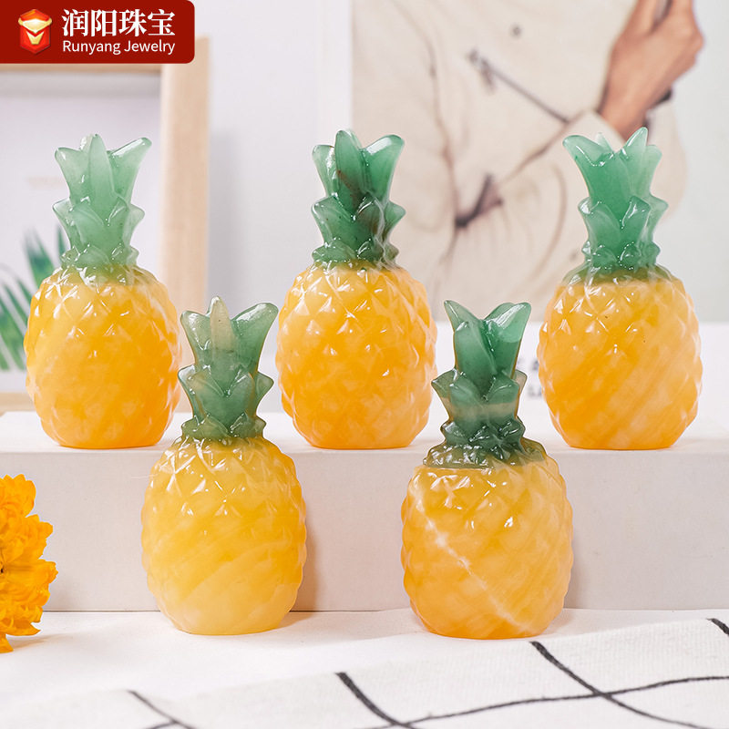 天然水晶东陵玉金冻石拼接菠萝雕刻件凤梨招财水晶工艺品装饰摆件