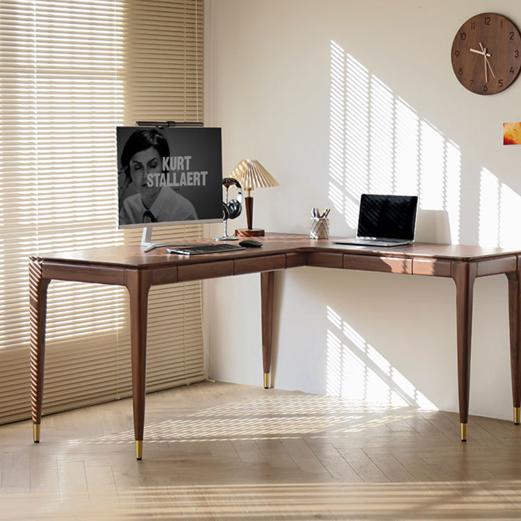 黑胡桃木实木转角书桌轻奢简约型一体家用电脑桌办公工作台学习桌