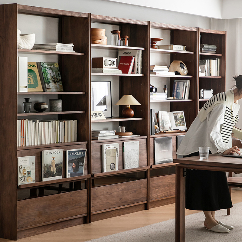 崇匠家具北美黑胡桃木书柜客厅整墙组合柜北欧简约实木落地书架橱