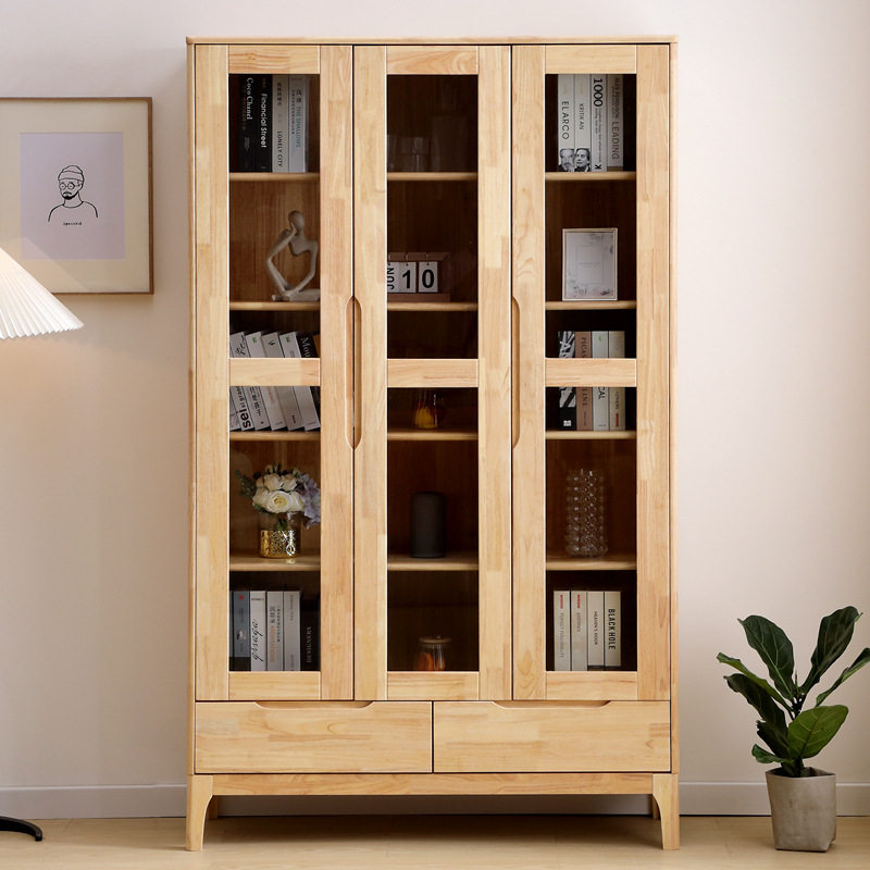 北欧全实木玻璃门书柜现代简约两门三门经济型多功能收纳储物柜子