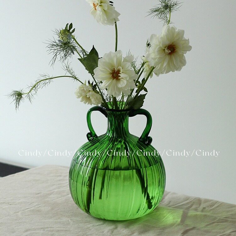 美学绿色高品质玻璃花瓶复古双耳壶形中古插花水培花器批发