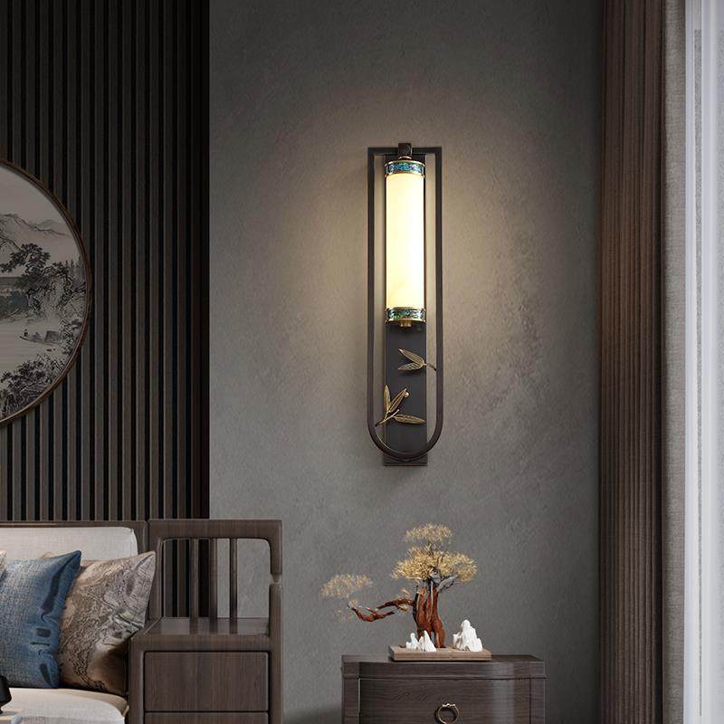 苏印新中式壁灯卧室床头灯中国风复古设计师云石客厅全铜墙壁灯