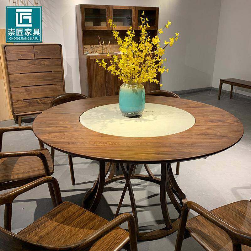北欧大理石餐桌椅组合简约岩板圆形饭桌火锅桌黑胡桃木圆桌带转盘