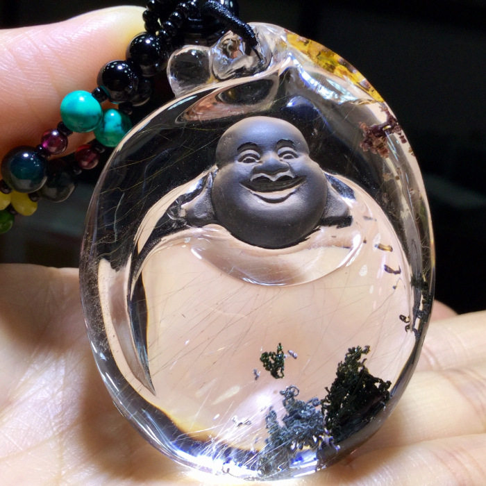 东海水晶 天然绿幽灵金发晶连连发聚宝盆自在佛 连连发