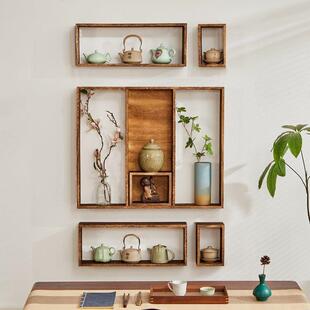 实木新中式多宝格博古架墙上格子收纳架置物架挂墙组合复古茶壶架