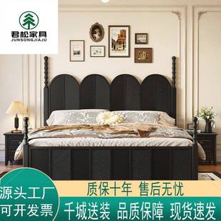 法式复古床黑色中古风双人床现代简约美式实木床主卧高端大气婚床