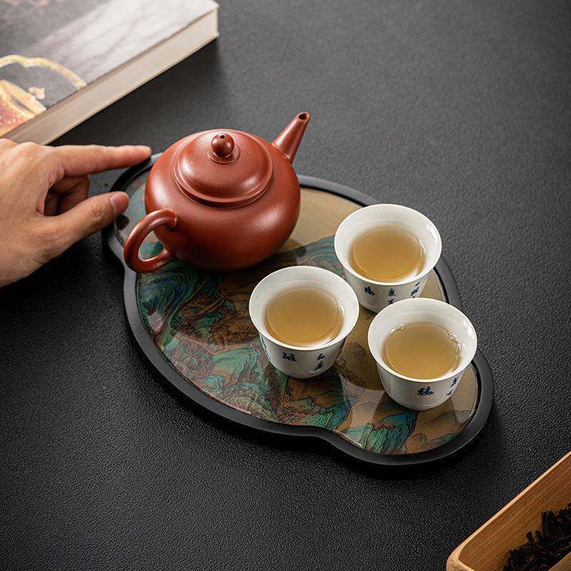 盘古宋式仿古做旧千里江山漆绘壶承纯手工壶垫家用小干泡台茶盘