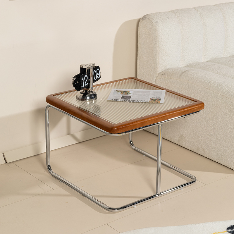 复古原木家用藤编茶几法式简约现代小户型边几客厅方形玻璃黑色桌