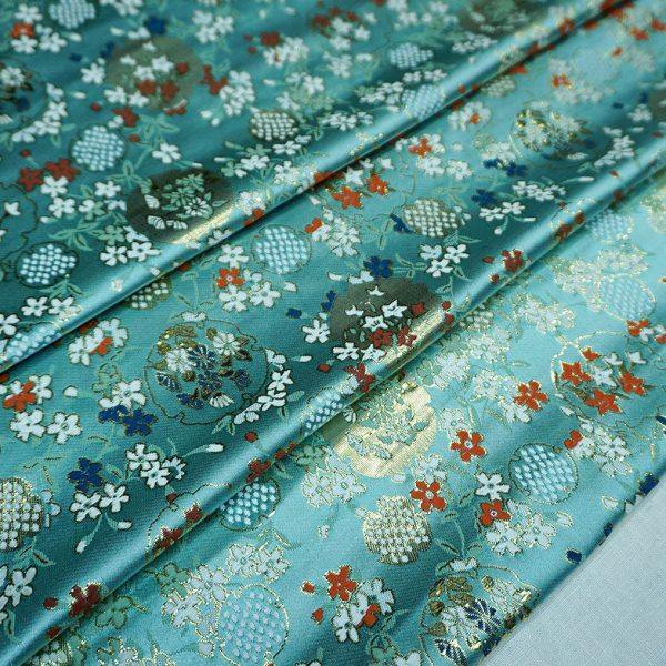 特 浅蓝色中国风夹金丝线石榴花和风织锦缎面料 云锦丝绸缎子布料