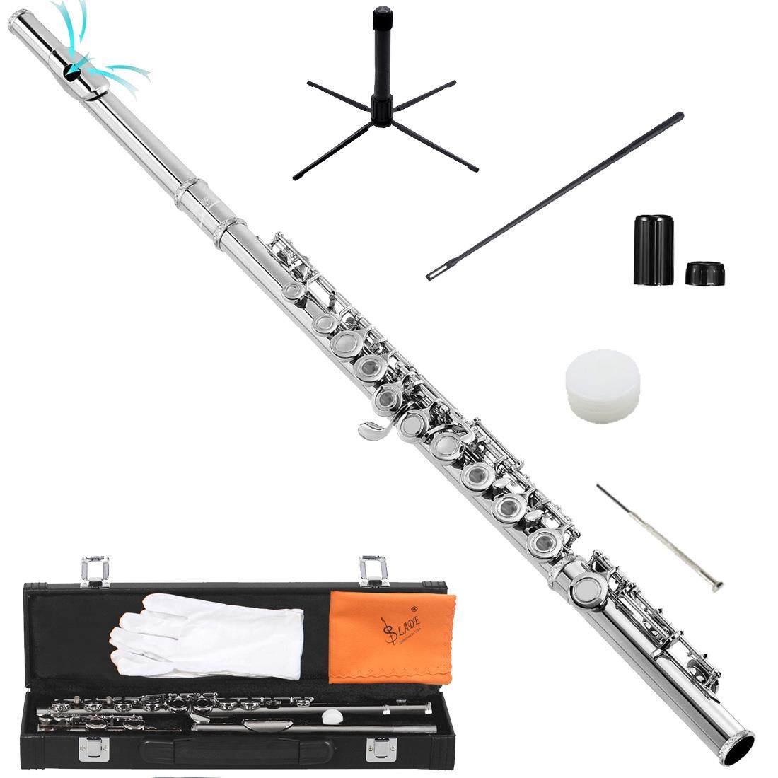 16孔E键C调镀镍闭孔长笛西洋C尾银色长笛铜笛子乐器