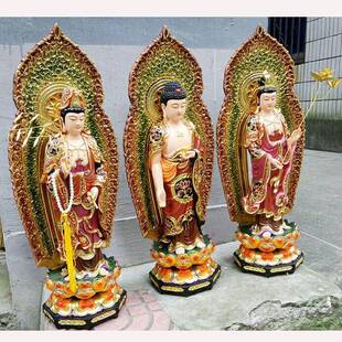 雕塑树脂玻璃钢彩绘西方三圣香樟木木雕观世音菩萨