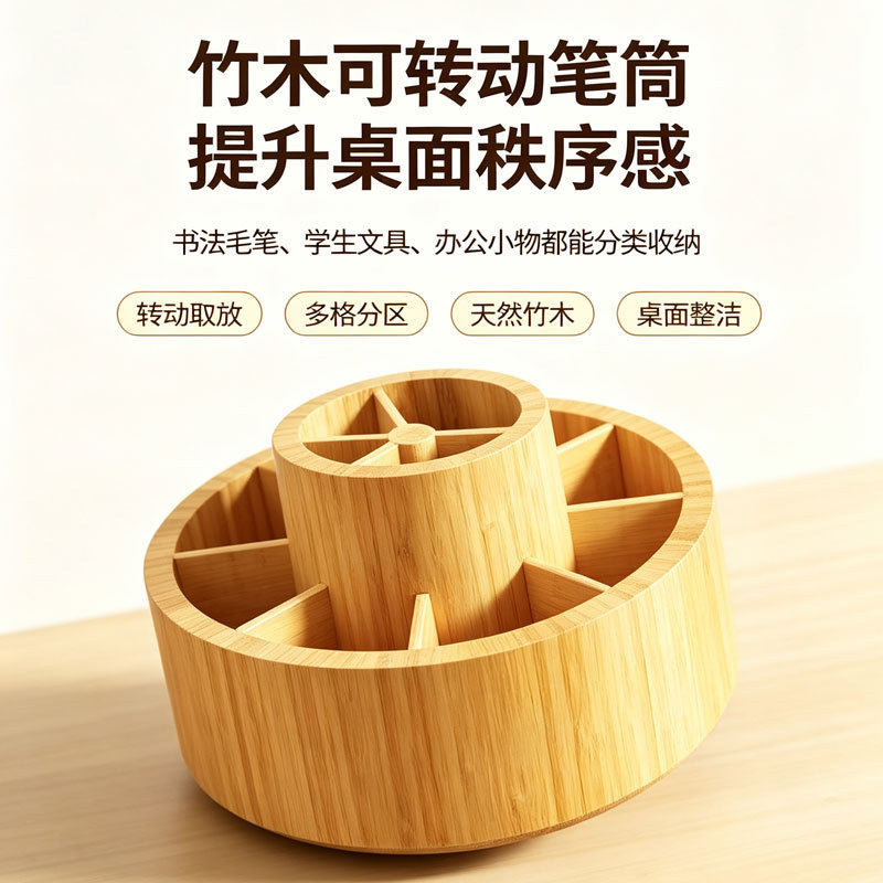 创意竹木圆形可转动笔筒毛笔文房四宝学生办公室桌面多功能收纳盒