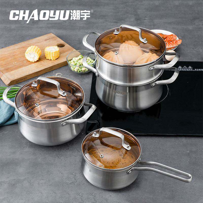 复合多层304不锈钢奶锅多用途钢化玻璃汤锅双耳蒸锅炉灶通用锅具