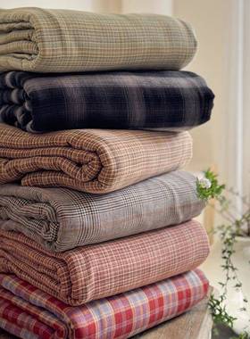 复古红色格子A类色织双层纱皱皱纱格子四件套简约软糯被褥透气