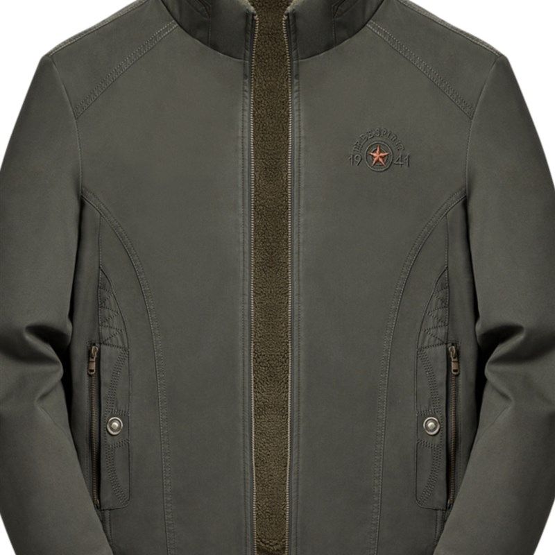 高档纯棉夹克加绒加厚冬装中老年男生保暖外套双面穿男装宽松立领