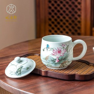 诚德轩陶瓷办公杯景德镇单杯茶杯带盖办公室杯子荷塘翠影泡茶杯女