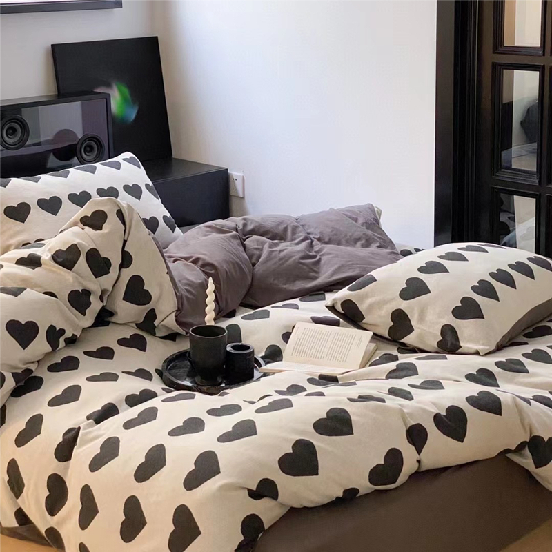 新款黑白爱心针织棉提花加厚纯棉四件套床上用品全棉床单被罩床笠