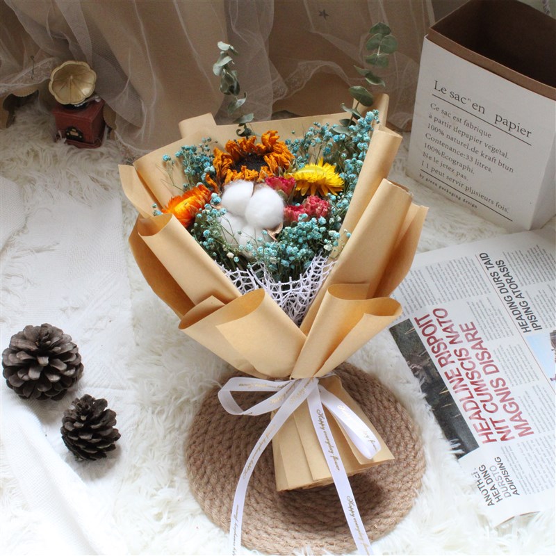 复古包装向日葵勿忘我满天星真花干花小花束送人礼品生日礼物礼品
