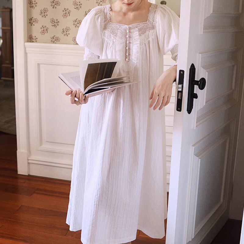 2024法式宫廷公主纯棉纱布复古春秋长袖睡裙睡衣蕾丝白色全棉长裙
