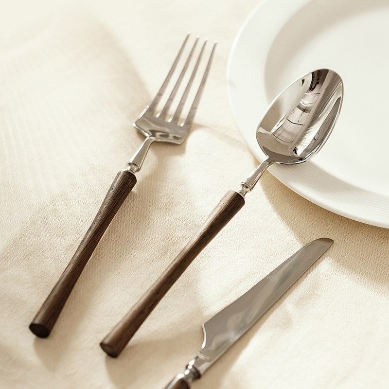 稻森鸡翅木手柄牛排刀叉套装日式家用304不锈钢西餐餐具勺子组合