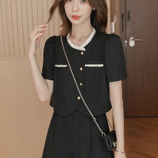 短袖小西装时尚套装女夏款2024新款小个子休闲气质阔腿短裤两件套