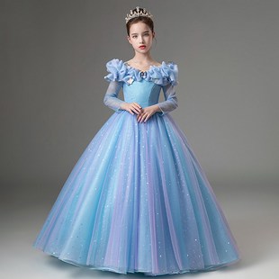 儿童礼服生日长袖灰姑娘公主裙秋冬小女孩主持人钢琴演出服装走秀