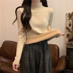 黑色毛衣女秋冬半高领加厚一体绒长袖打底针织衫冬季保暖内搭上衣