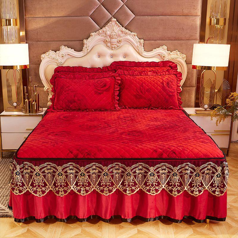 大红色结婚庆夹棉加厚水晶绒秋冬保暖床裙床罩床套1.8m2米三件套