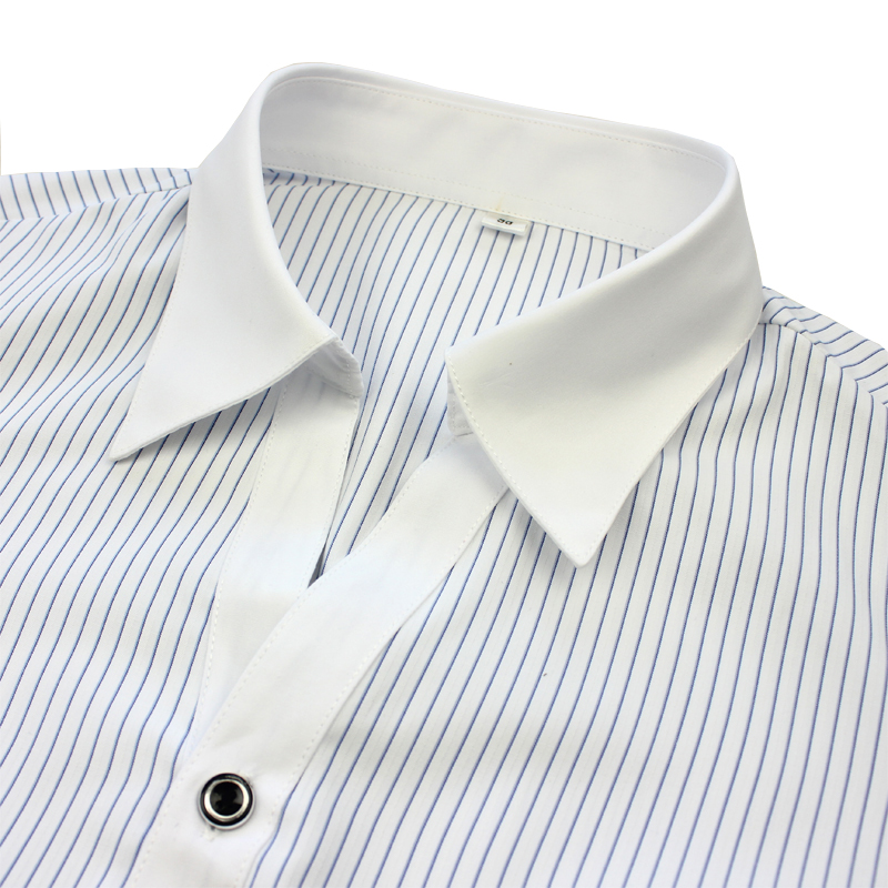 夏季衬衫女白领蓝色宽条纹职业工装OL衬衣长袖收腰免烫有大码大版