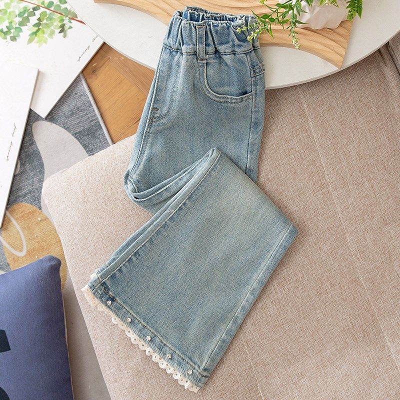 女童裤子春秋款2025新款儿童牛仔裤微喇洋气大童弹力修身喇叭长裤