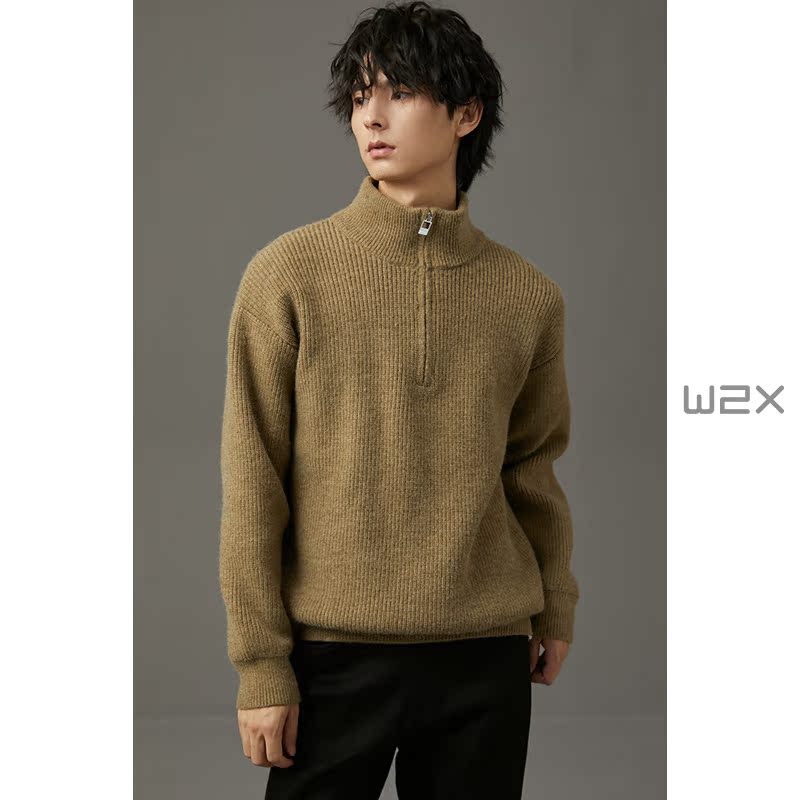 w2x冬季重磅半高领拉链羊毛衫男基础百搭宽松毛衣2023新款针织衫
