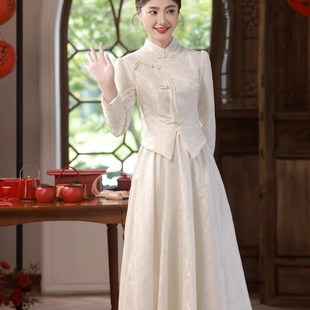 白色订婚旗袍2024新款礼服连衣裙女中式登记领证小白裙敬酒服新娘