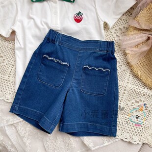 【无比百搭好穿】女童夏季裤子 宽松百搭水洗蓝色花边兜牛仔短裤