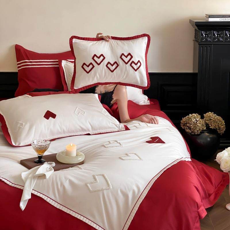 新款全棉结婚四件套爱心毛巾绣纯棉大红色被套床上用品四季款