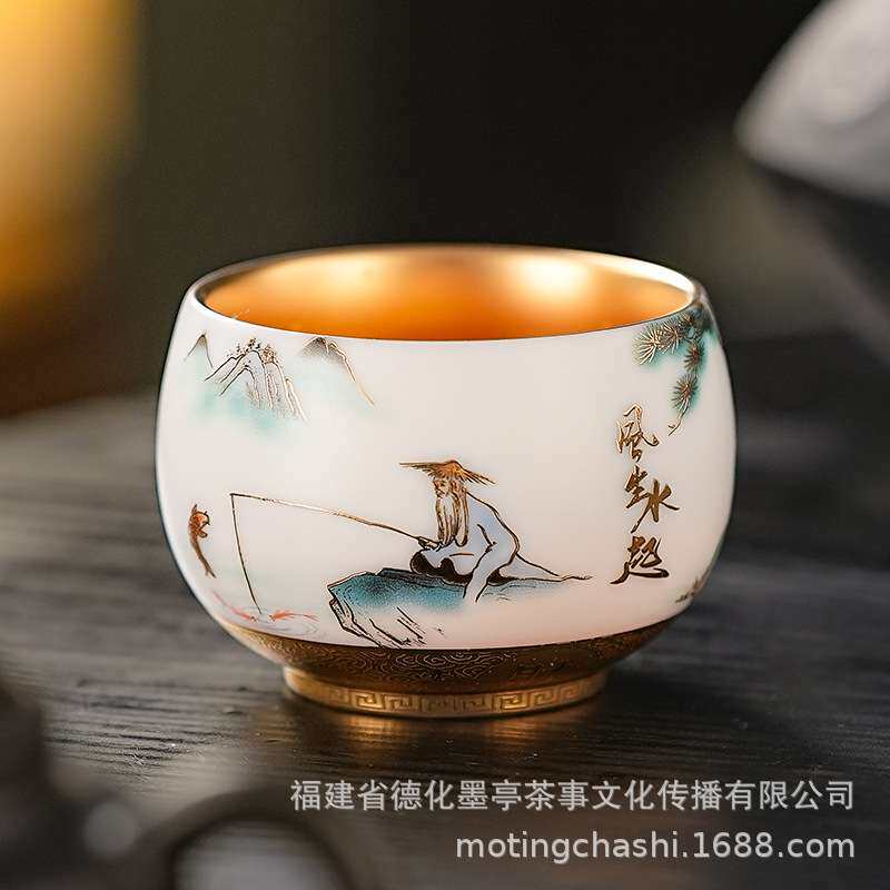 宋瑜手作羊脂玉茶杯主人杯罗汉杯风声水起鎏金个人品茗杯描金