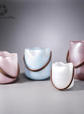 钻星复石古璃花瓶粉蓝批白色手提篮水培干玻花插15040花器软装发