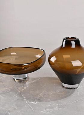 现代轻奢茶色璃WCN花果盘套瓶装摆琉桌件酒店样板间玄关面软装饰