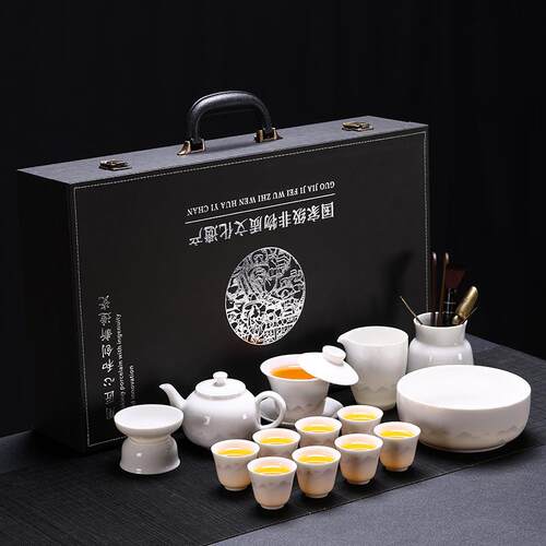 幻山无争羊脂玉瓷茶具套装茶具家用多件套会客品茗泡茶悬停盖碗