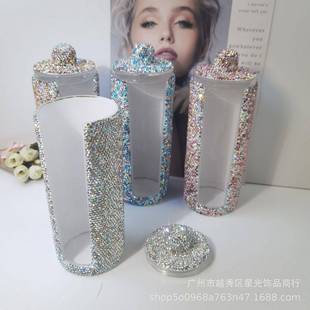 镶钻高级塑料大号化妆棉盒亚克力圆形开口棉签盒化妆工具收纳盒