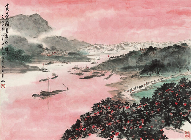 《 芙蓉国里尽朝晖》 傅抱石 画家 名人字画 70*51cm 包邮