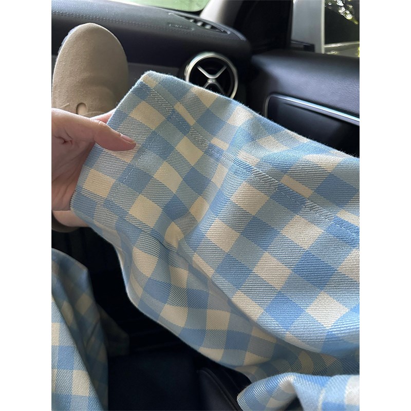 蓝色格子裤女春季新款胖妹妹mm梨形身材高腰垂感显瘦阔腿休闲裤子