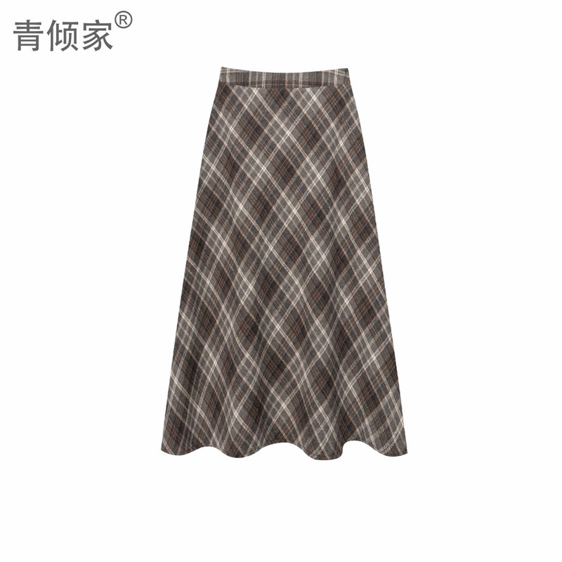 复古格纹半身裙女2023秋冬中长款A字裙【青倾家】